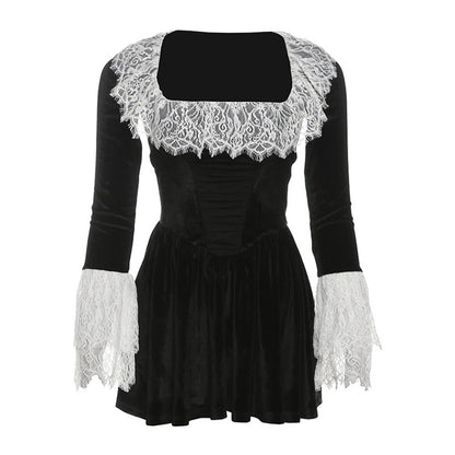 Vestido de mujer con cuello cuadrado francés y mangas acampanadas de encaje para otoño e invierno