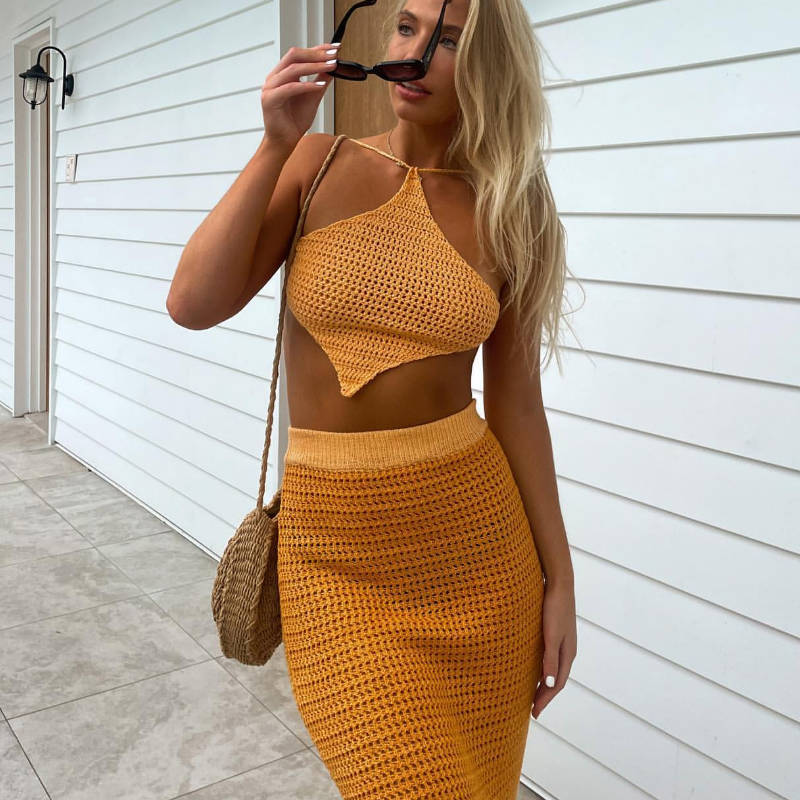 Delantal de punto con cuello halter y tirantes para playa, top corto sin espalda con cordones, vestido de media longitud para mujer