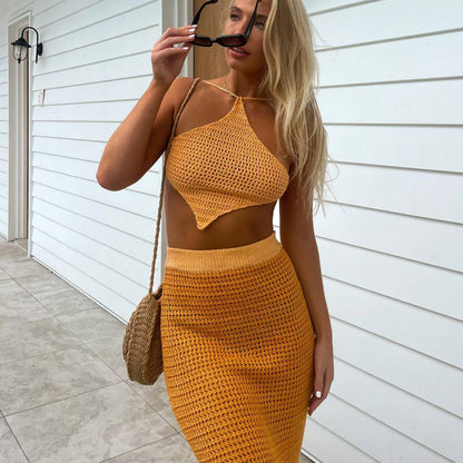 Delantal de punto con cuello halter y tirantes para playa, top corto sin espalda con cordones, vestido de media longitud para mujer