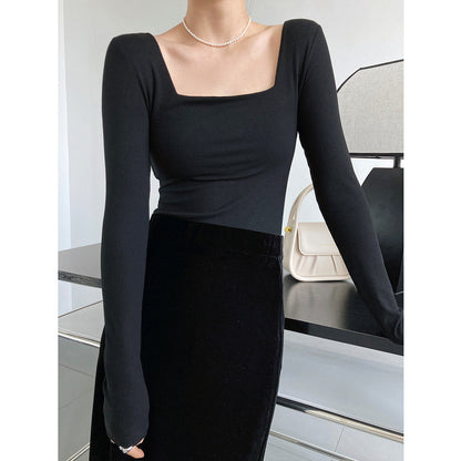 Camiseta de manga larga con cuello cuadrado para mujer, corte entallado, hombros descubiertos, cuello bajo, camiseta corta, parte inferior