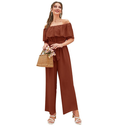 Pantalones anchos de pierna con cordones y mangas con volantes y hombros descubiertos para mujer