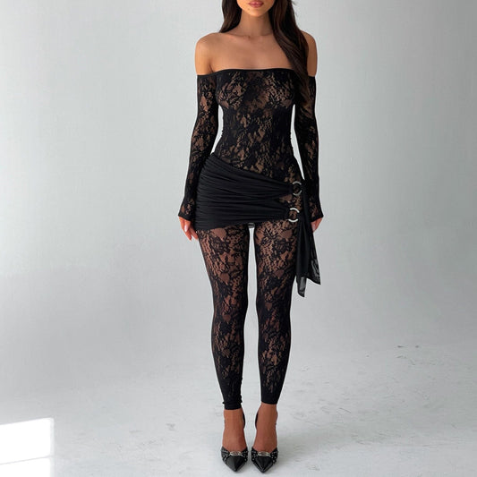 Sexy See through Wrapped Chest Long Sleeve Lace off Shoulder Tube Top Tight Jumpsuit
