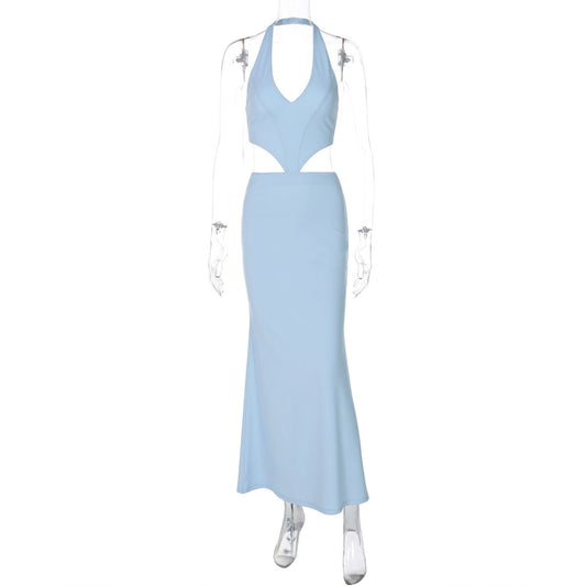 Vestido de primavera para mujer, sexy, de corte bajo, escote en V, estilo halter, de dos piezas, sin espalda, con cordones