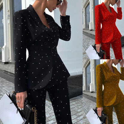 Black Polka Dot Long Sleeve Blazer Two Piece Set Women Clothing