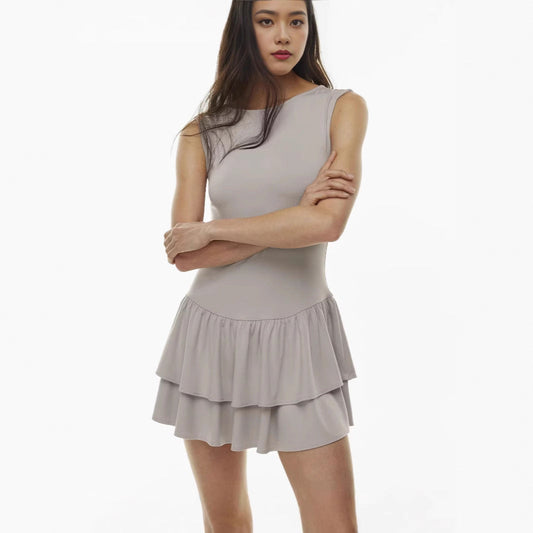Ruffled Embellished Plain Weaving Knitting Solid Color Boat Neck Dress