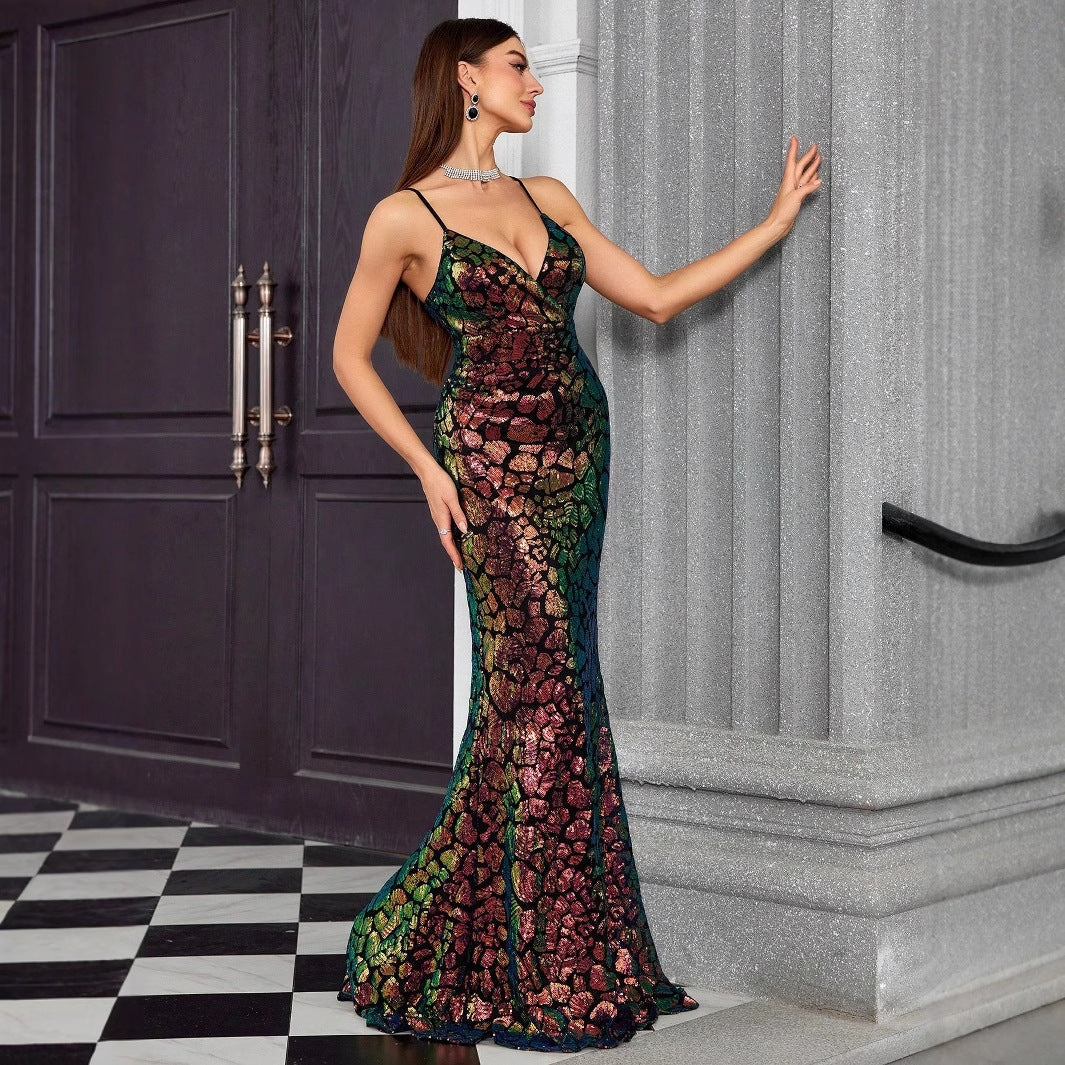 Vestido de noche con escote en V y tirantes, vestido elegante de cola de pez para fiesta anual, vestido formal para anfitriona de fiesta para mujer