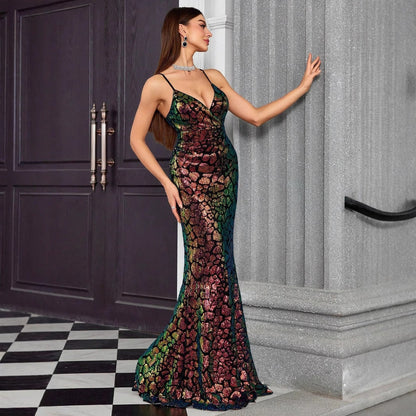 Vestido de noche con escote en V y tirantes, vestido elegante de cola de pez para fiesta anual, vestido formal para anfitriona de fiesta para mujer