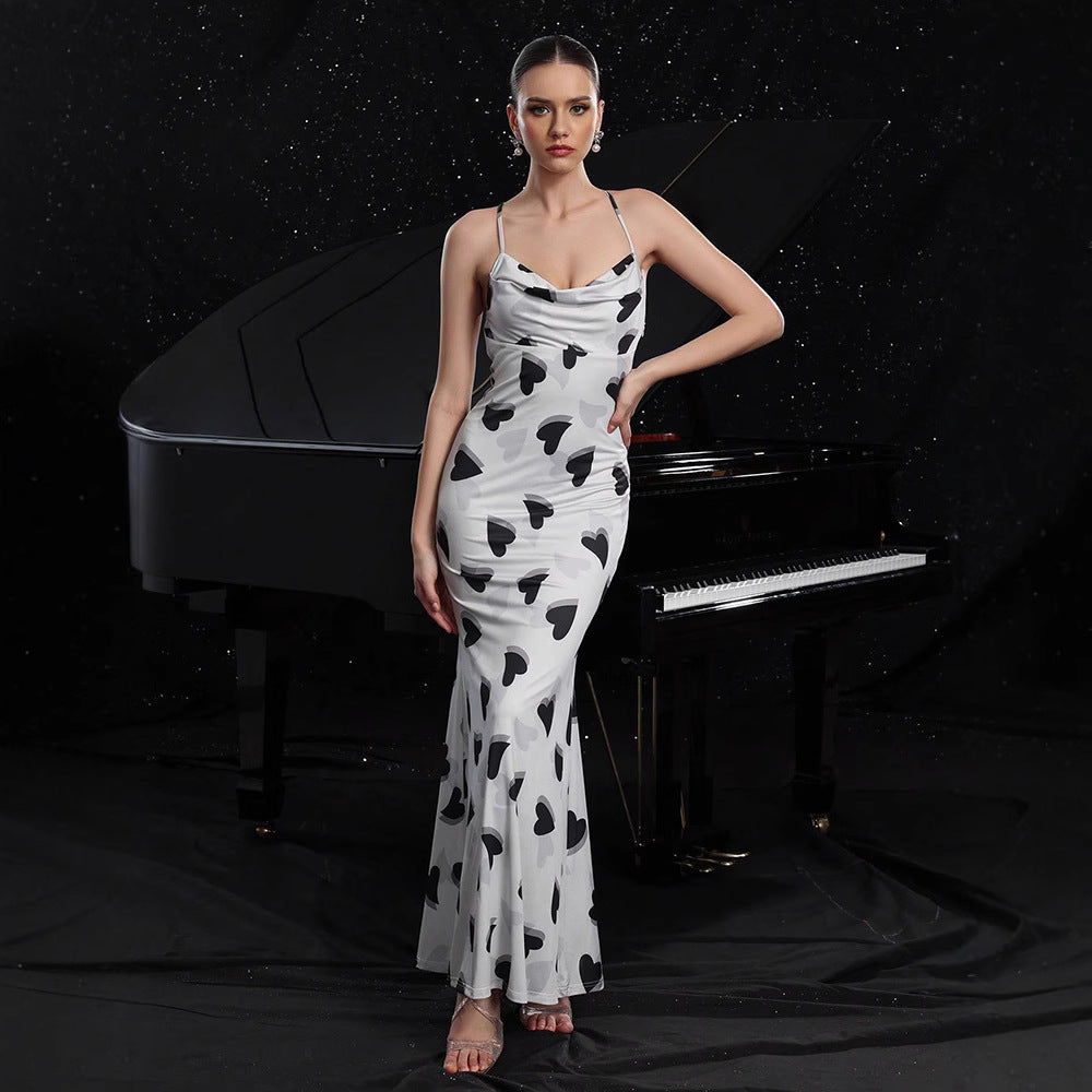 Vestido de verano para mujer, sexy, con tirantes, estampado de corazones, sin espalda, ajustado, para vacaciones