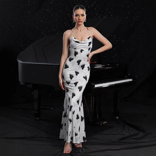 Summer Women Wear Sexy Sling Dress Heart Printing Backless Slim Fit Vacation Dress