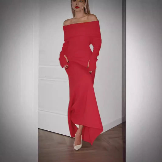 Vestido elegante de otoño e invierno para mujer, con hombros descubiertos, color liso, formal, largo.