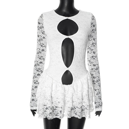 Vestido tubo de verano con volantes y mangas largas de encaje calado y recortado para mujer