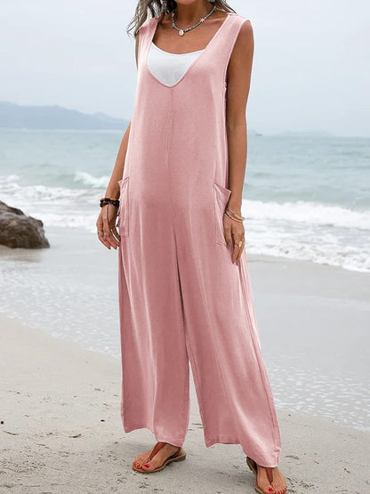 Mono con cuello en V y tirantes, pantalones de pierna ancha, pegatinas de colores sólidos, populares para mujer en verano