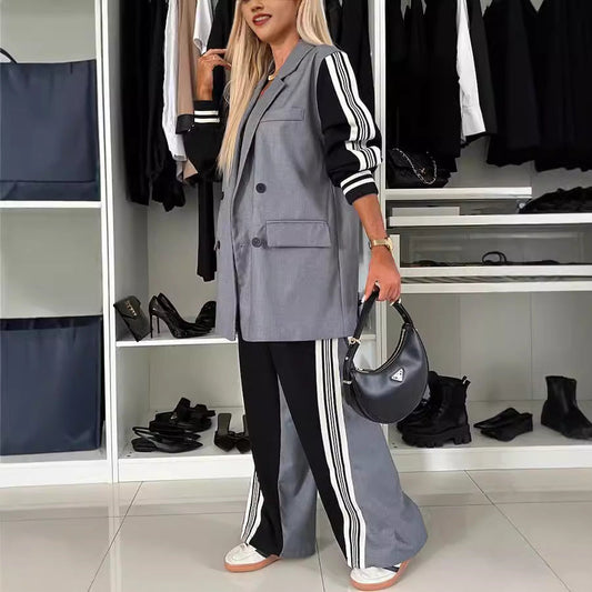 Traje informal holgado de dos piezas con doble botonadura y manga larga para otoño e invierno