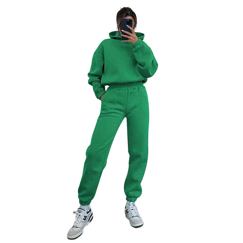 Suéter de manga larga con capucha de color liso para mujer, ropa informal, pantalones, traje, otoño e invierno