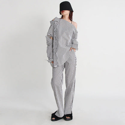 Conjunto de camisa urbana informal sencilla de otoño con múltiples bolsillos, pantalones rectos de cintura media y rayas asimétricas irregulares