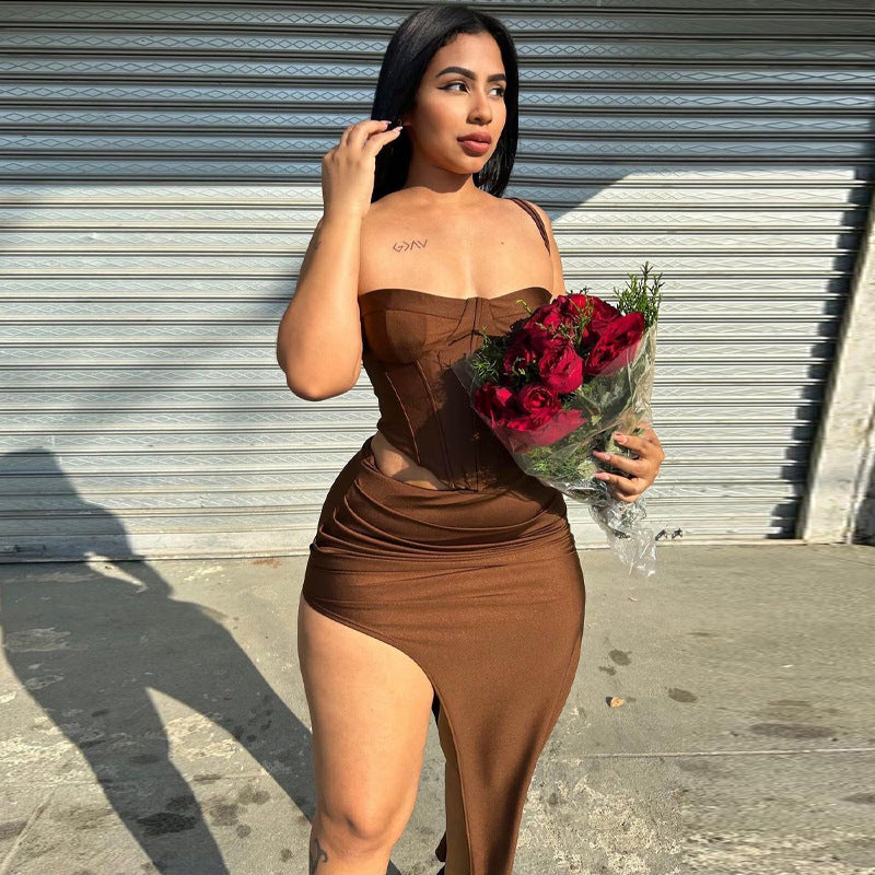 Conjunto de ropa de verano para mujer, sexy, con corsé, bandeau, ajustado, con falda dividida