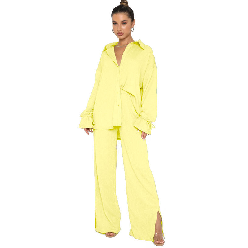 Traje de pantalón elegante para mujer, top de manga larga con lazo y cuello polo de color liso para otoño e invierno