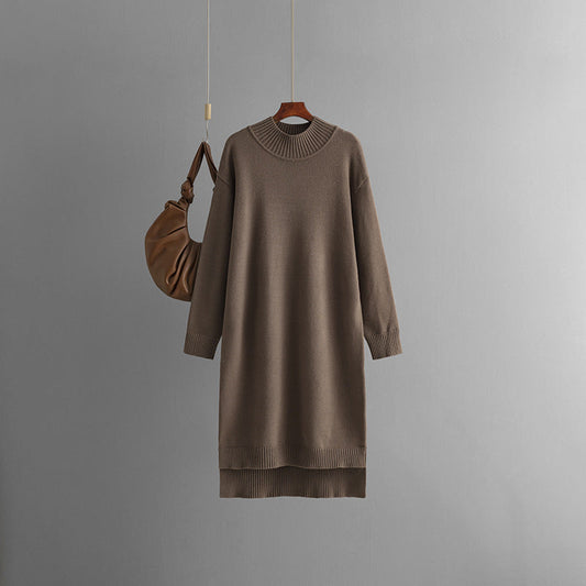 Vestido de punto de cuello alto medio por debajo de la rodilla, largo, holgado, adelgazante, de lana, color liso, para otoño e invierno, para mujer