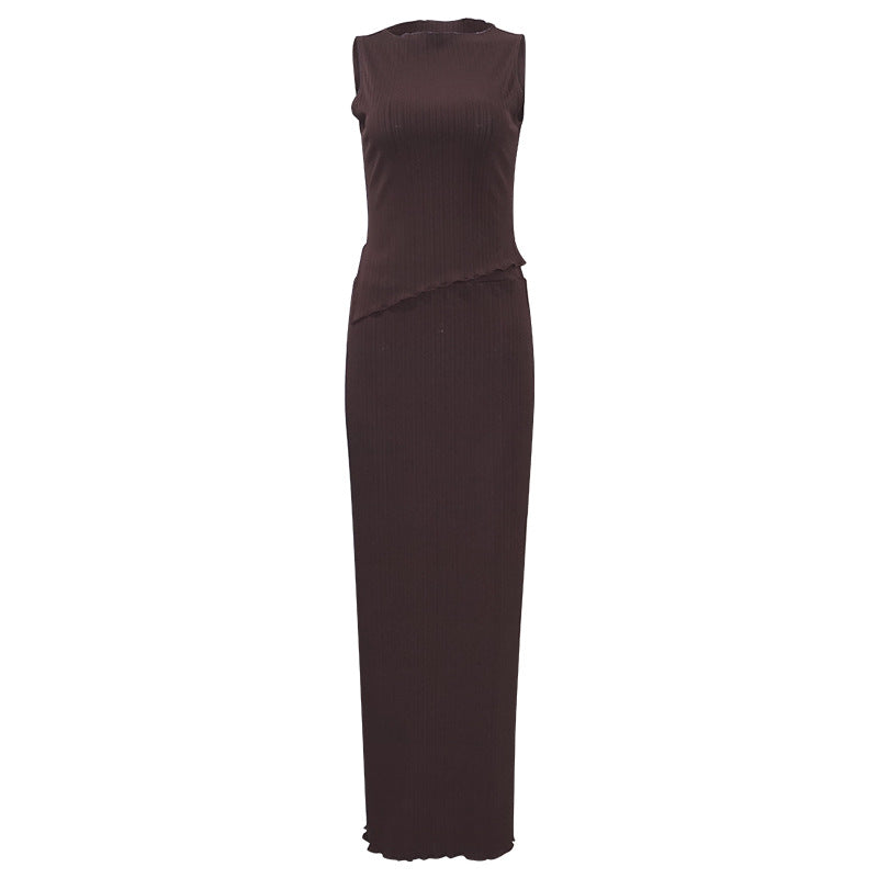 Conjunto de dos piezas de vestido ajustado de cintura alta con parte superior asimétrica irregular sin remiendos y cuello redondo de color sólido de verano
