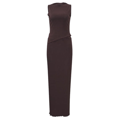 Conjunto de dos piezas de vestido ajustado de cintura alta con parte superior asimétrica irregular sin remiendos y cuello redondo de color sólido de verano