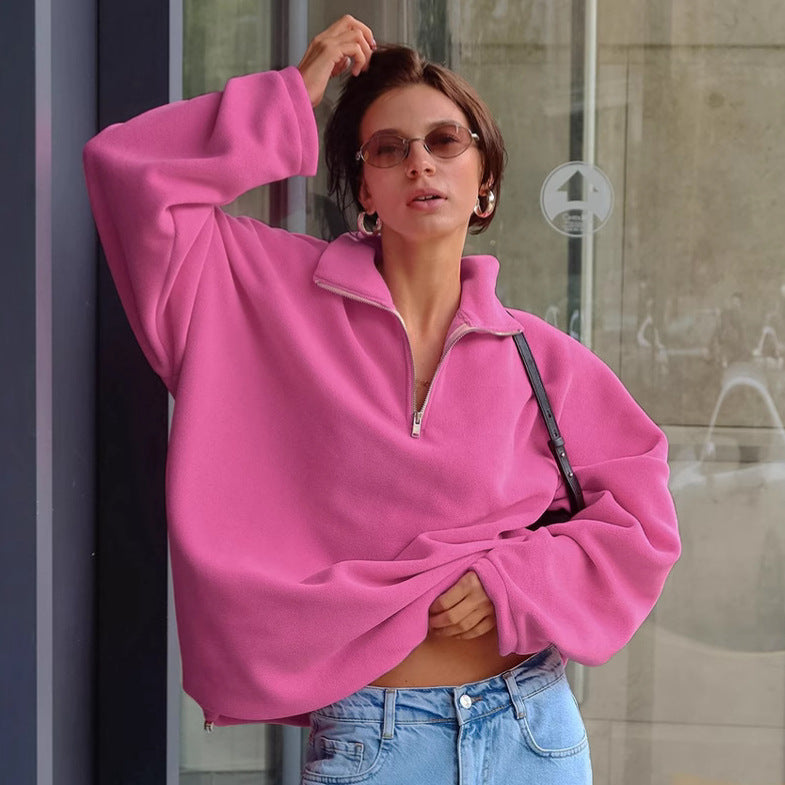 Sudadera polar con cuello rosa para mujer, otoño e invierno, de lana de cordero