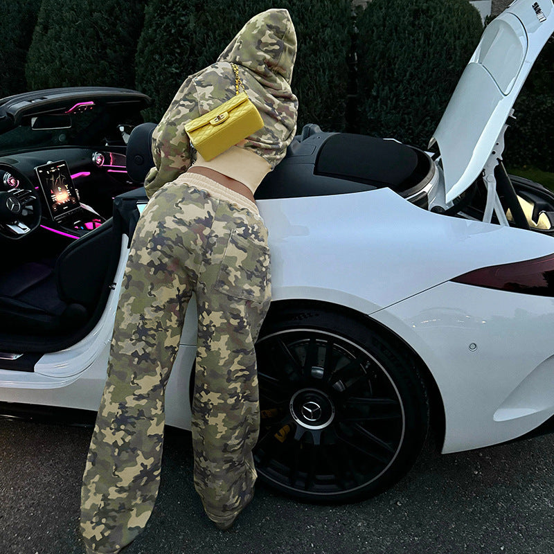 Conjunto de dos piezas de sudadera con capucha y pantalones deportivos de manga larga con contraste de color informal, cárdigan de camuflaje, abrigo y pantalones