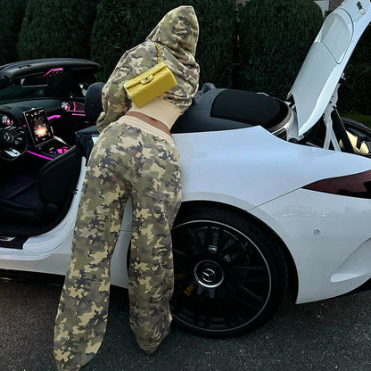 Conjunto de dos piezas de sudadera con capucha y pantalones deportivos de manga larga con contraste de color informal, cárdigan de camuflaje, abrigo y pantalones