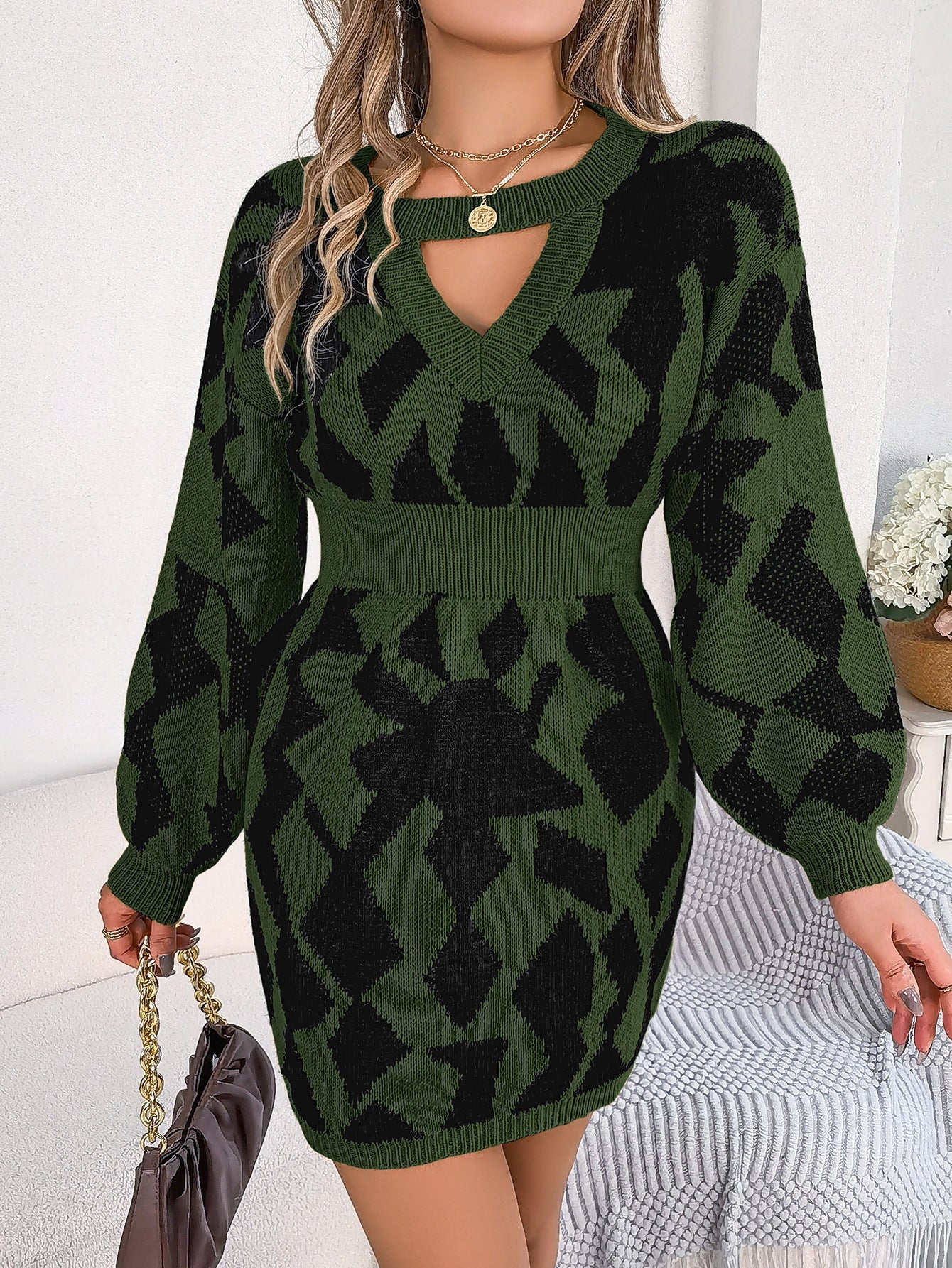 Vestido tipo suéter ajustado con mangas abullonadas y corte a juego de colores para otoño e invierno, ropa informal para mujer
