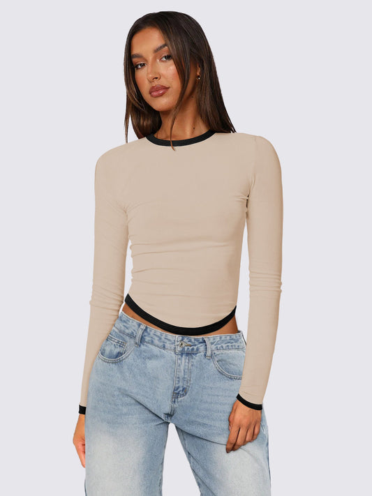 Ropa de mujer Primavera Verano Manga larga Cuello redondo Slim Fit Contraste de colores Jersey corto Top Mujer