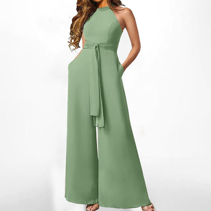 Mono informal de verano de color liso sin mangas con cuello halter y cintura alta con cordones y corte recto