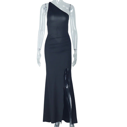 Vestido elegante y sexy con espalda descubierta y cordones hasta la cadera, cuello diagonal, plisado, top de tubo, color liso