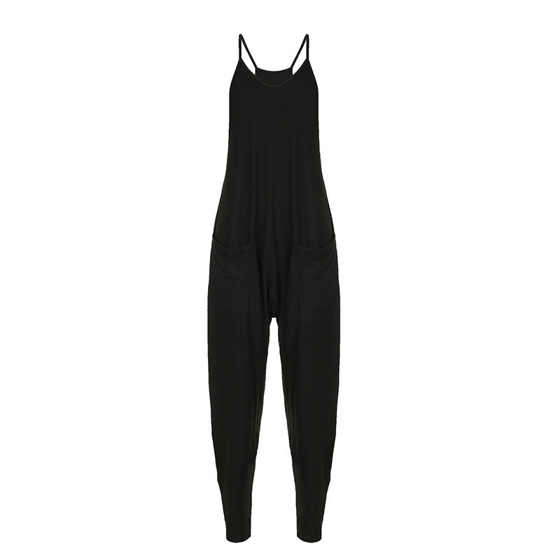 Pantalones casuales de mujer de color sólido sueltos de alta elasticidad con tirantes, pantalones de harén de calle sueltos de una pieza, pantalones de verano