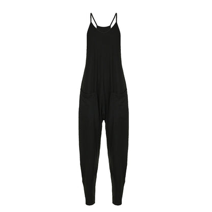 Pantalones casuales de mujer de color sólido sueltos de alta elasticidad con tirantes, pantalones de harén de calle sueltos de una pieza, pantalones de verano