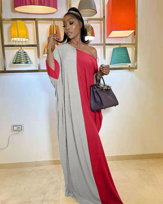 Sexy Loose Stitching Contrast Color Sloping Shoulder Dress