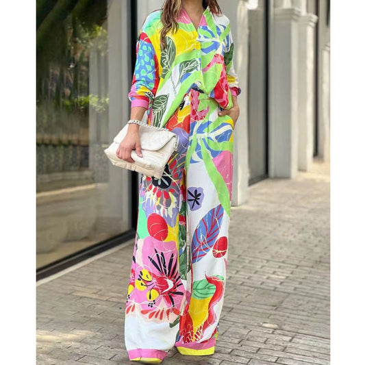 Conjunto de camisa holgada de manga larga para oficina, pantalones anchos de cintura alta para mujer, artesanía amplificada