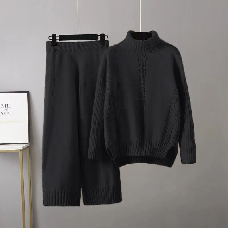 Conjunto informal de jersey de cuello alto y tejido grueso para mujer, pantalones anchos y sueltos de pierna ancha para otoño e invierno, dos piezas