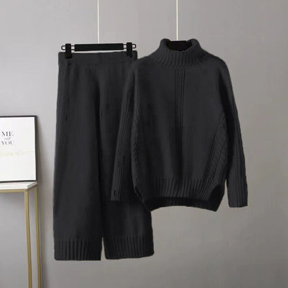 Conjunto informal de jersey de cuello alto y tejido grueso para mujer, pantalones anchos y sueltos de pierna ancha para otoño e invierno, dos piezas