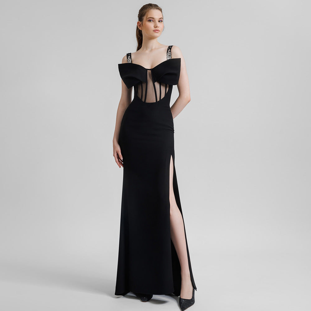 Vestido largo semitransparente de invierno con lazo y tiras de diamantes de imitación negros, vestido ajustado para mujer
