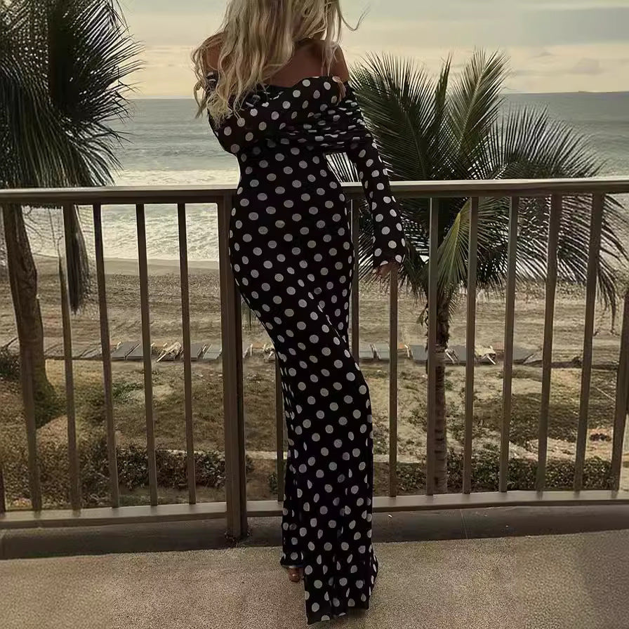 Vestido ajustado sexy con hombros descubiertos y costura de lunares de gasa para primavera y verano para mujer