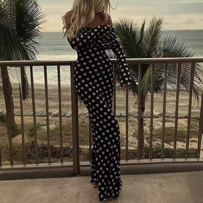 Vestido ajustado sexy con hombros descubiertos y costura de lunares de gasa para primavera y verano para mujer