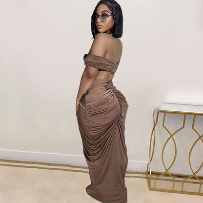 Conjunto de dos piezas de top de tubo sin mangas sexy, falda plisada ajustada y elástica