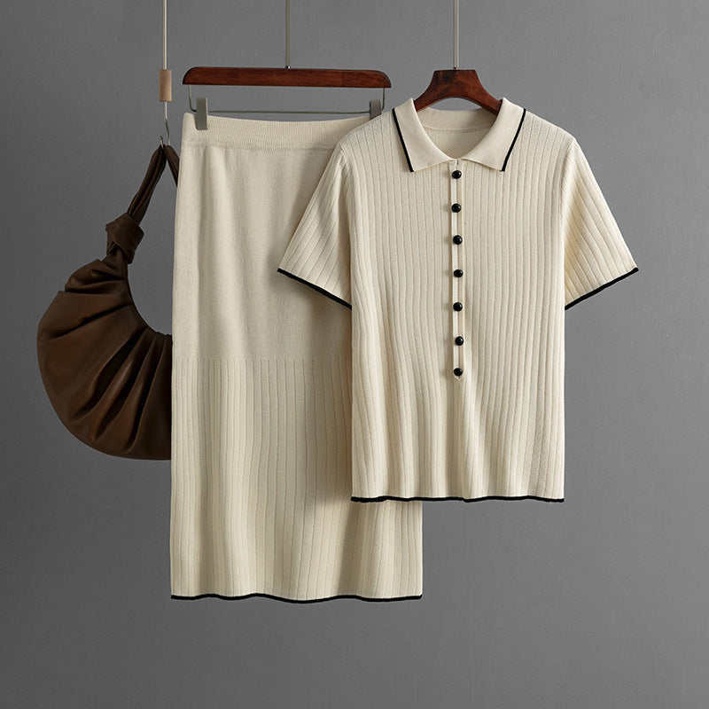 Conjunto elegante de falda de punto para mujer, primavera y verano, cuello polo, dos piezas
