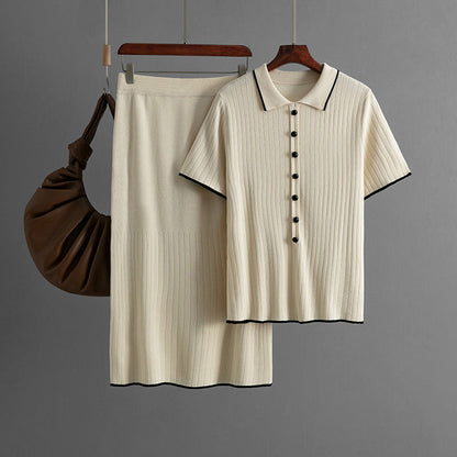 Conjunto elegante de falda de punto para mujer, primavera y verano, cuello polo, dos piezas