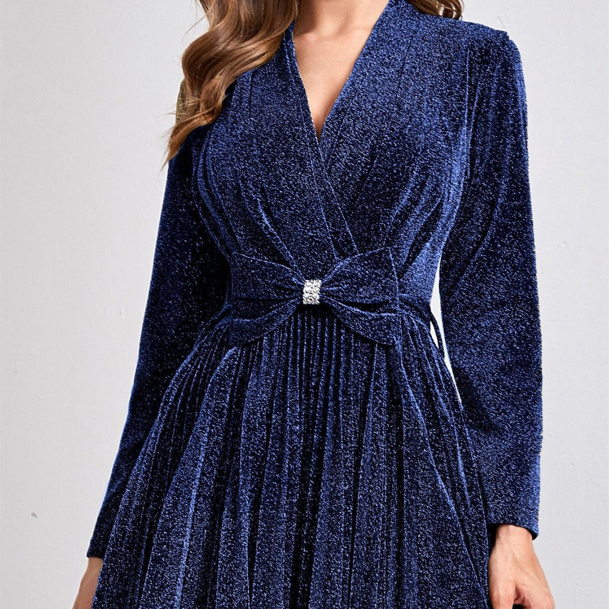 Vestido de noche con escote en V, manga larga, dobladillo grande, elegante, para baile, fiesta, dama de honor