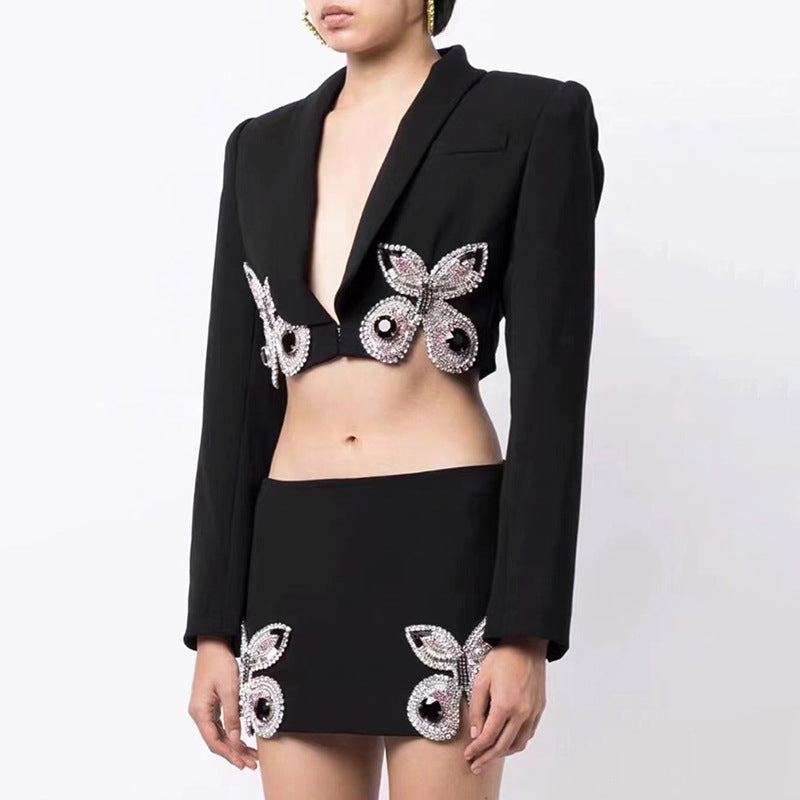 Traje de dos piezas con falda de cintura alta y blazer decorativo con mariposas de industria pesada de lujo ligero de interés especial de otoño
