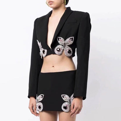 Traje de dos piezas con falda de cintura alta y blazer decorativo con mariposas de industria pesada de lujo ligero de interés especial de otoño