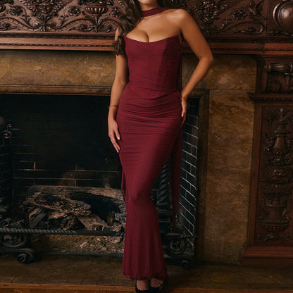 Vestido sexy con corsé deshuesado, top de tubo, falda ajustada, conjunto de falda larga, conjunto de otoño de dos piezas de alta calidad con bufanda