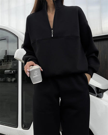 Suéter de manga larga con cremallera y cuello alto para mujer, conjunto de dos piezas para otoño e invierno, cómodo, holgado, deportivo e informal