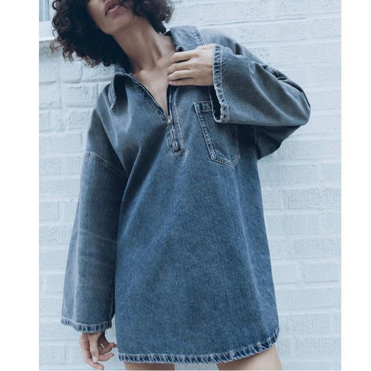 Vestido vaquero con mangas acampanadas y bolsillo de parche con cuello para primavera y verano