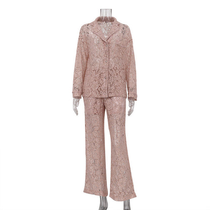 Conjunto de dos piezas de encaje transparente para mujer, sexy, cuello polo, camisa, pantalones, traje